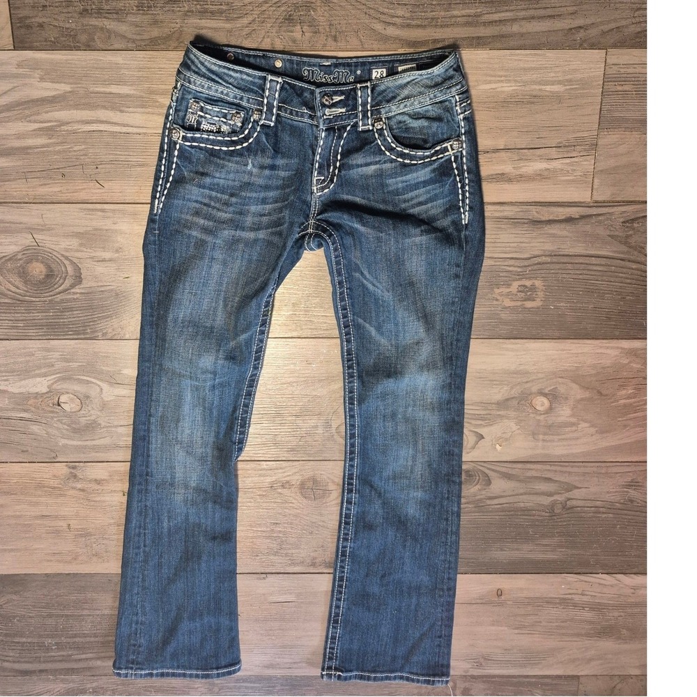 Miss Me Bootcut Jeans Dark Wash Rhinestone Embellished Contrast Stitch Women 28